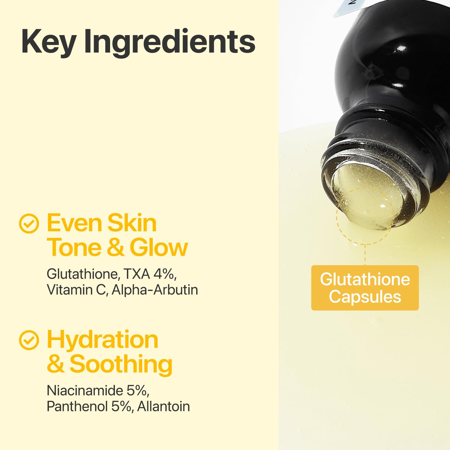 numbuzin No.5 serum bottle tip with glutathione capsule and key ingredients callout