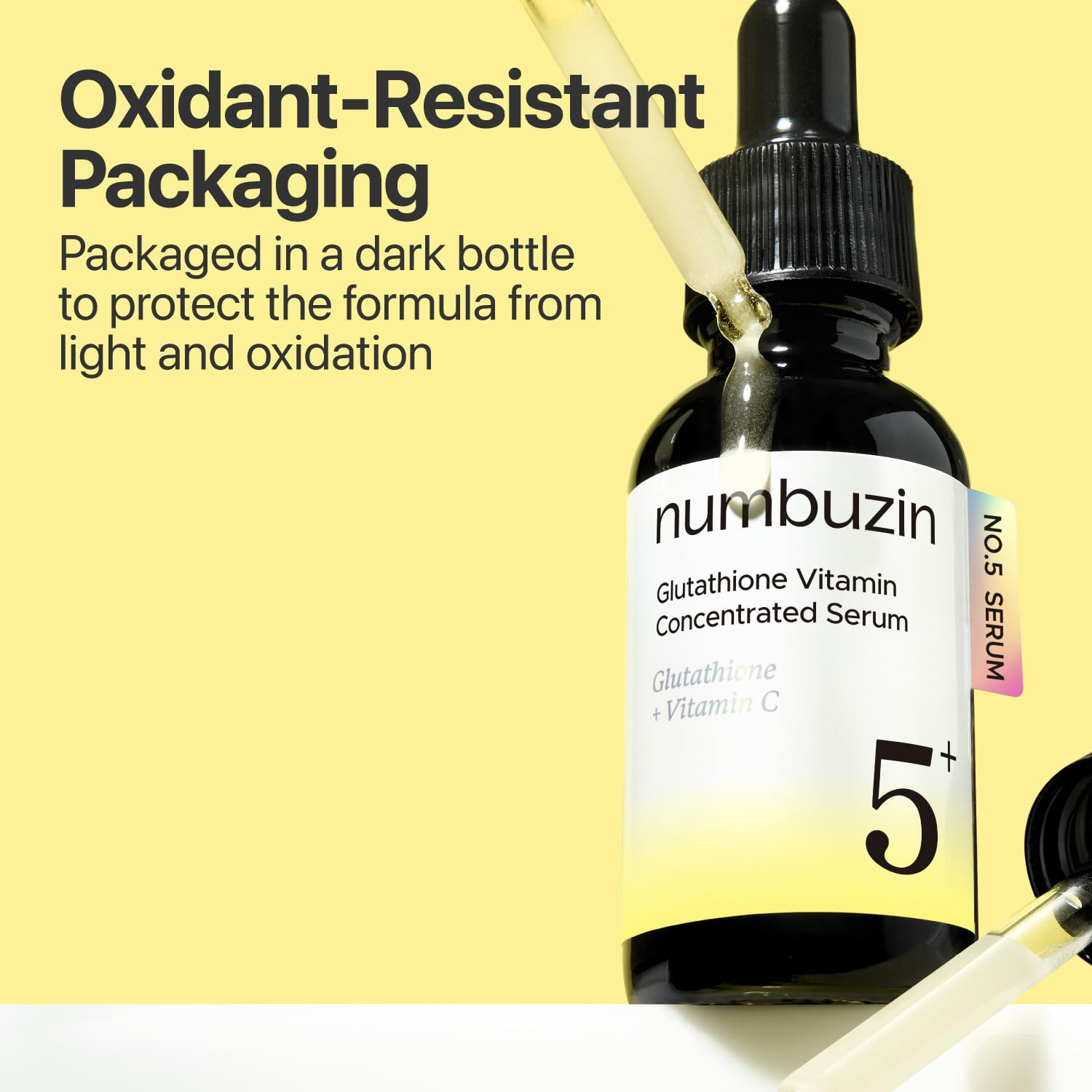 numbuzin No.5 serum dropper with oxidant resistant dark glass bottle callout