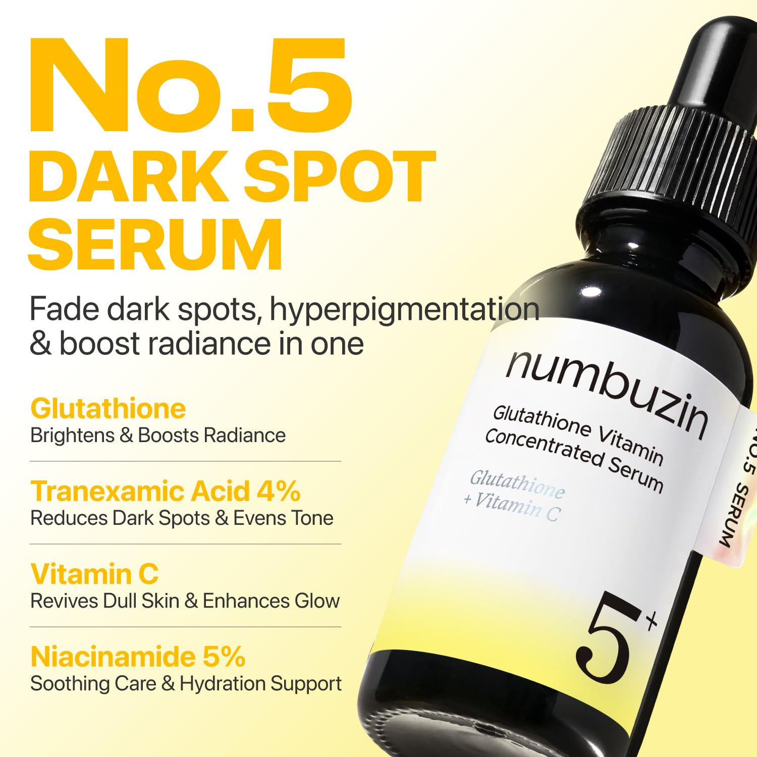 numbuzin No.5 Dark Spot Serum bottle with glutathione, tranexamic acid, vitamin C and niacinamide ingredient breakdown