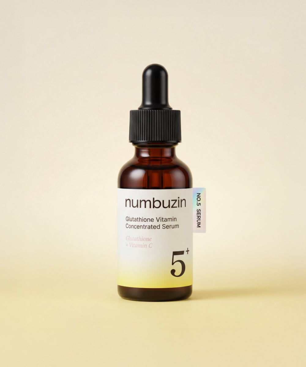 numbuzin No.5 Glutathione Vitamin Concentrated Serum amber dropper bottle on cream background