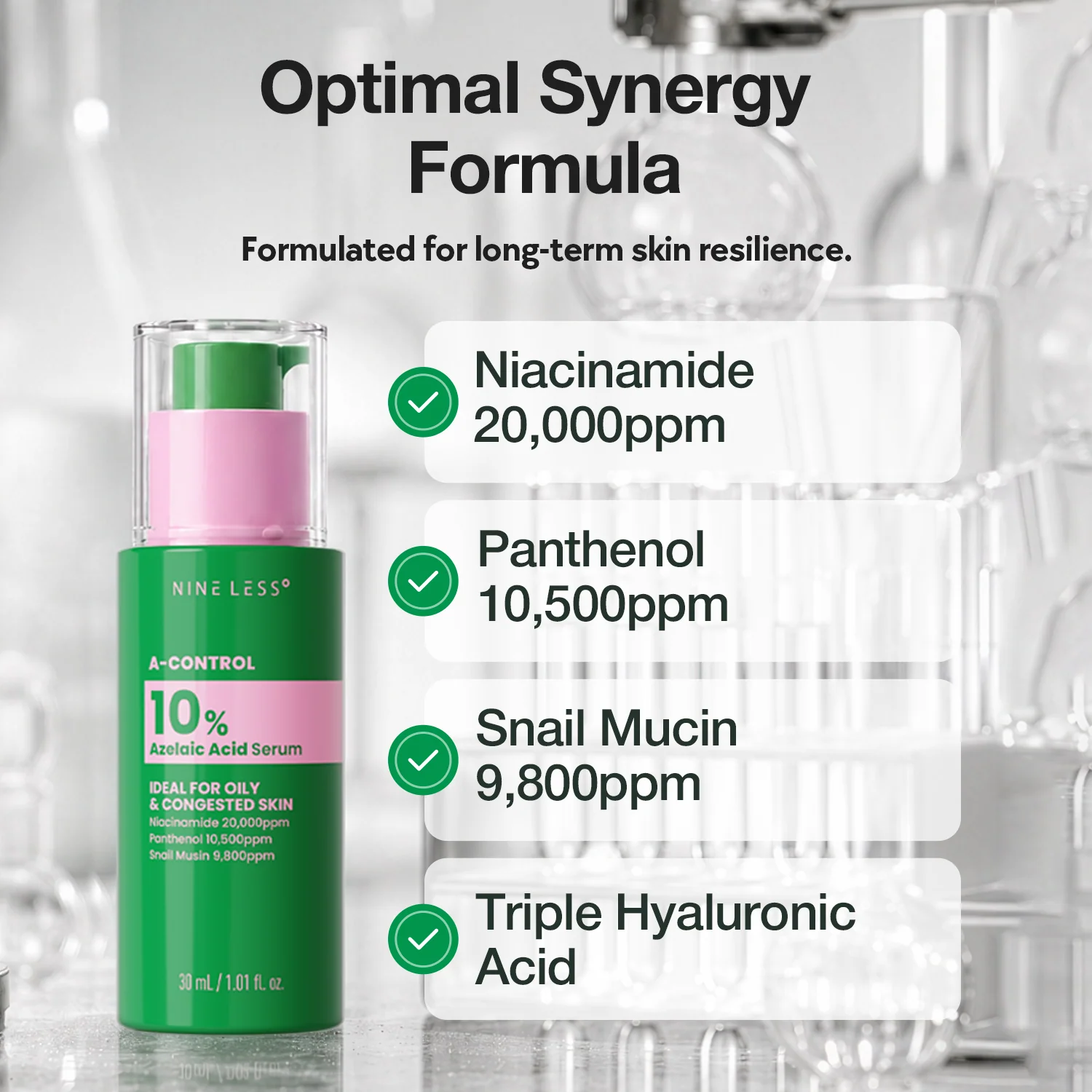 NINE LESS A-Control 10% Azelaic Acid Serum bottle with niacinamide, panthenol and snail mucin concentration callouts
