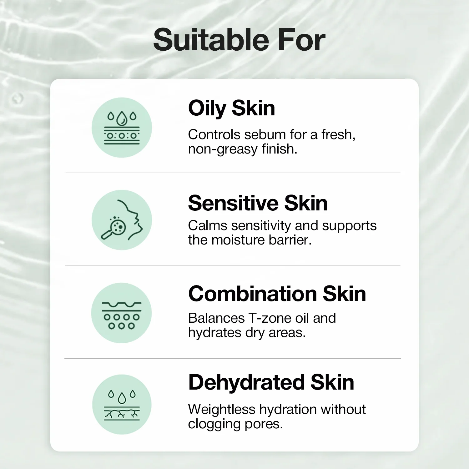 NINE LESS Azelaic Acid Serum suitability graphic for oily, sensitive, combination and dehydrated skin