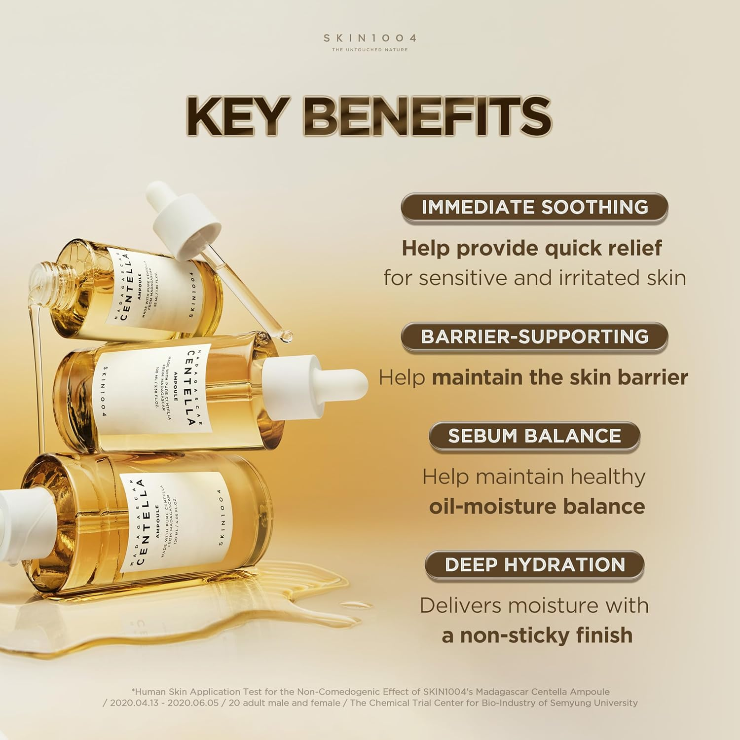 SKIN1004 Madagascar Centella Ampoule bottles in multiple sizes with key benefits listed