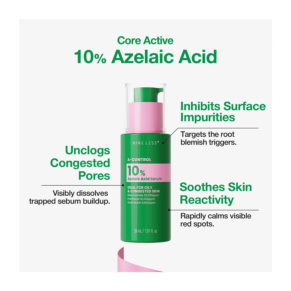 NINE LESS Azelaic Acid Serum bottle with callouts for pore unclogging and redness soothing benefits
