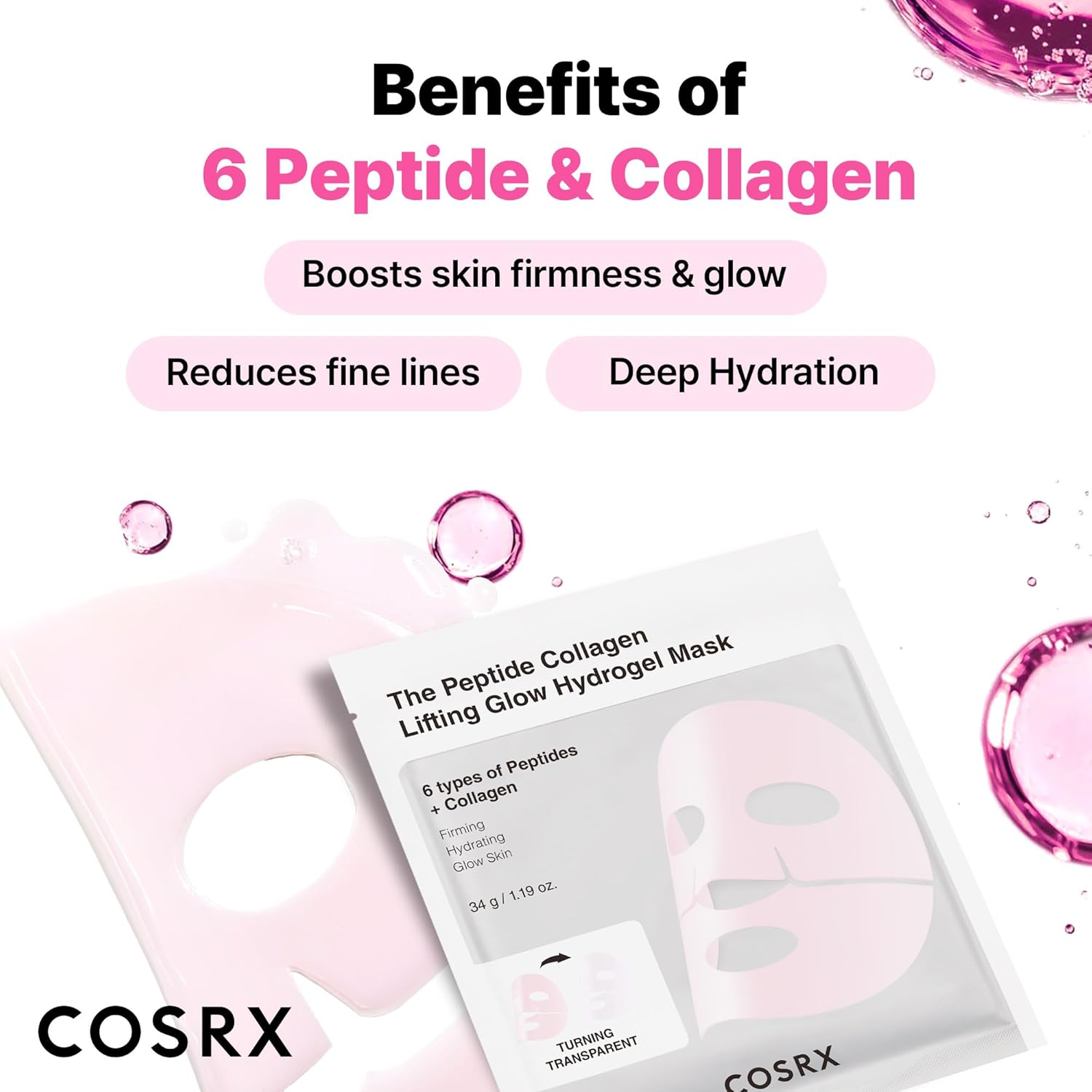 Flatlay of COSRX mask with text highlighting benefits of peptides and collagen for hydration and firmness