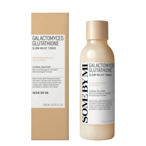 Front and box packaging of Some By Mi Galactomyces Glutathione Glow Milky Toner showing ingredients and clinical claims