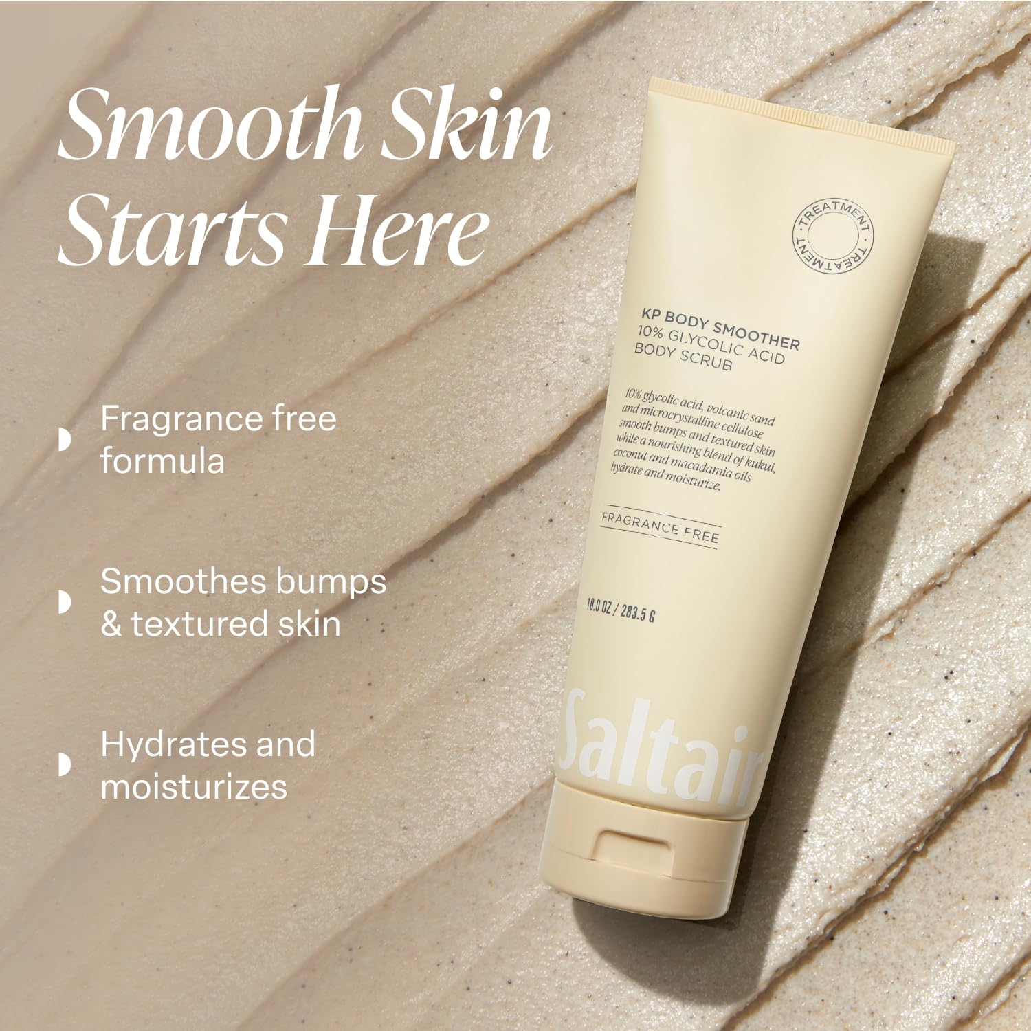 Saltair KP Body Smoother body scrub flat lay on textured background with product highlights