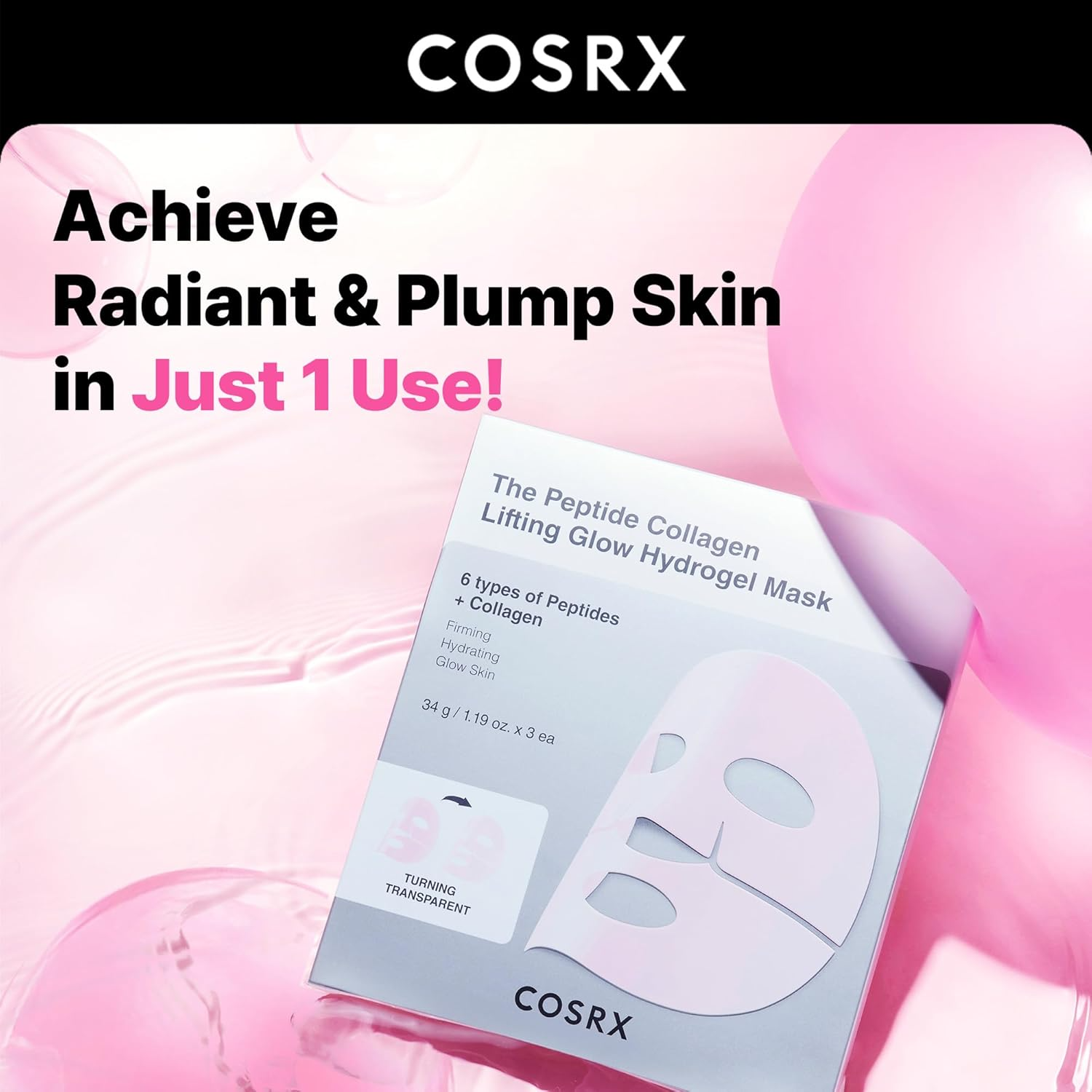 Box of COSRX Peptide Collagen Hydrogel Mask with text “Radiant and Plump Skin in Just 1 Use