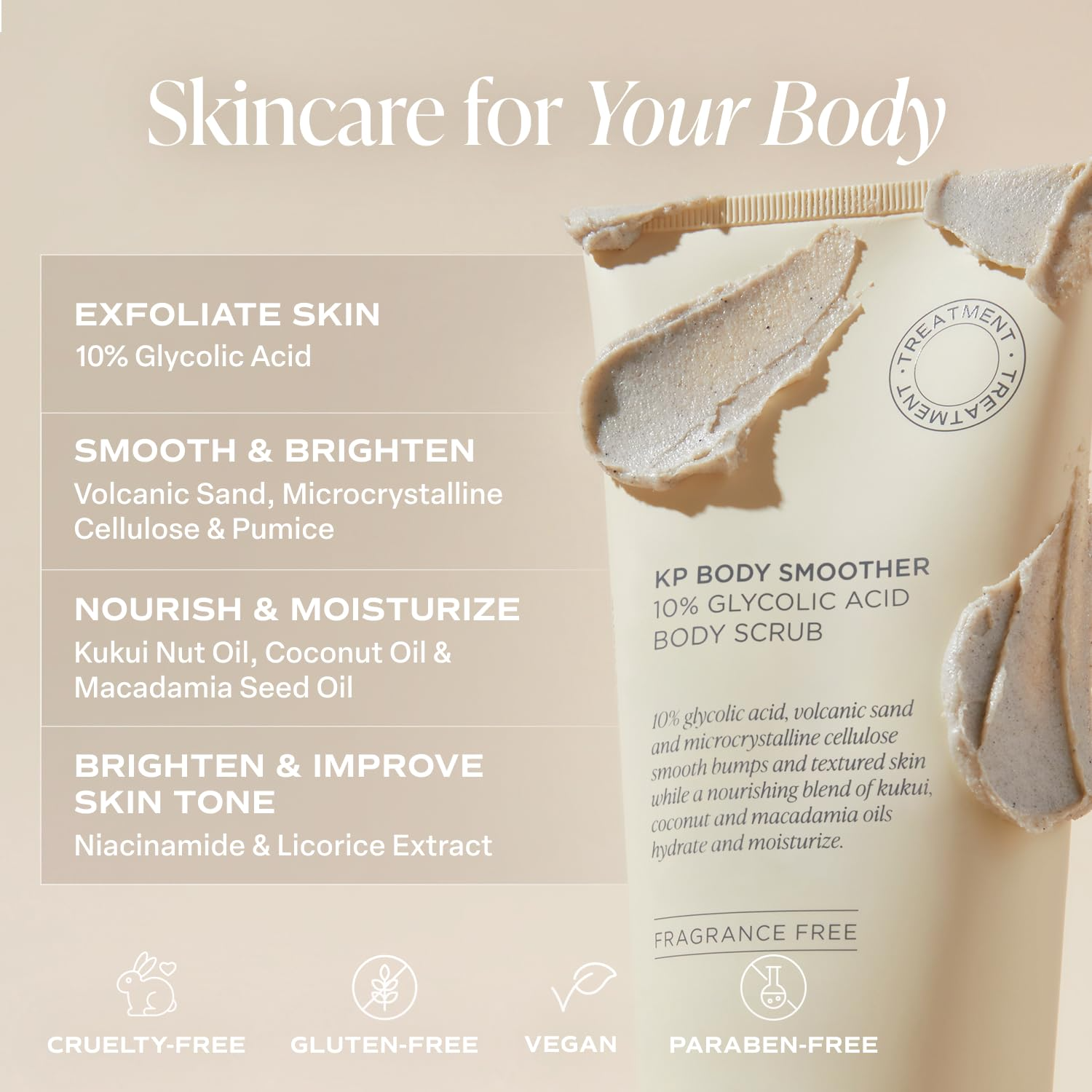 Breakdown of Saltair scrub benefits and ingredients including glycolic acid, oils and brighteners