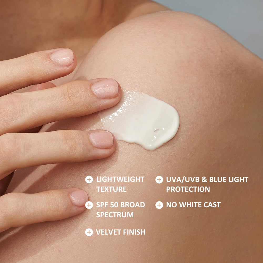 Closeup model with sunscreen dab and text listing dewy non greasy finish hydration glow moisturizing and protection