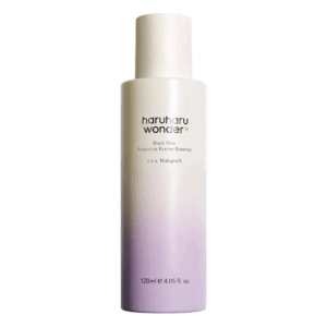 Haruharu Wonder Black Rice Probiotics Barrier Essence 120 ml bottle on a white to lilac gradient background