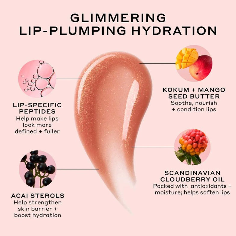 Ingredient graphic showing peptides kokum and mango seed butter acai sterols and cloudberry oil around a pink gloss smear.