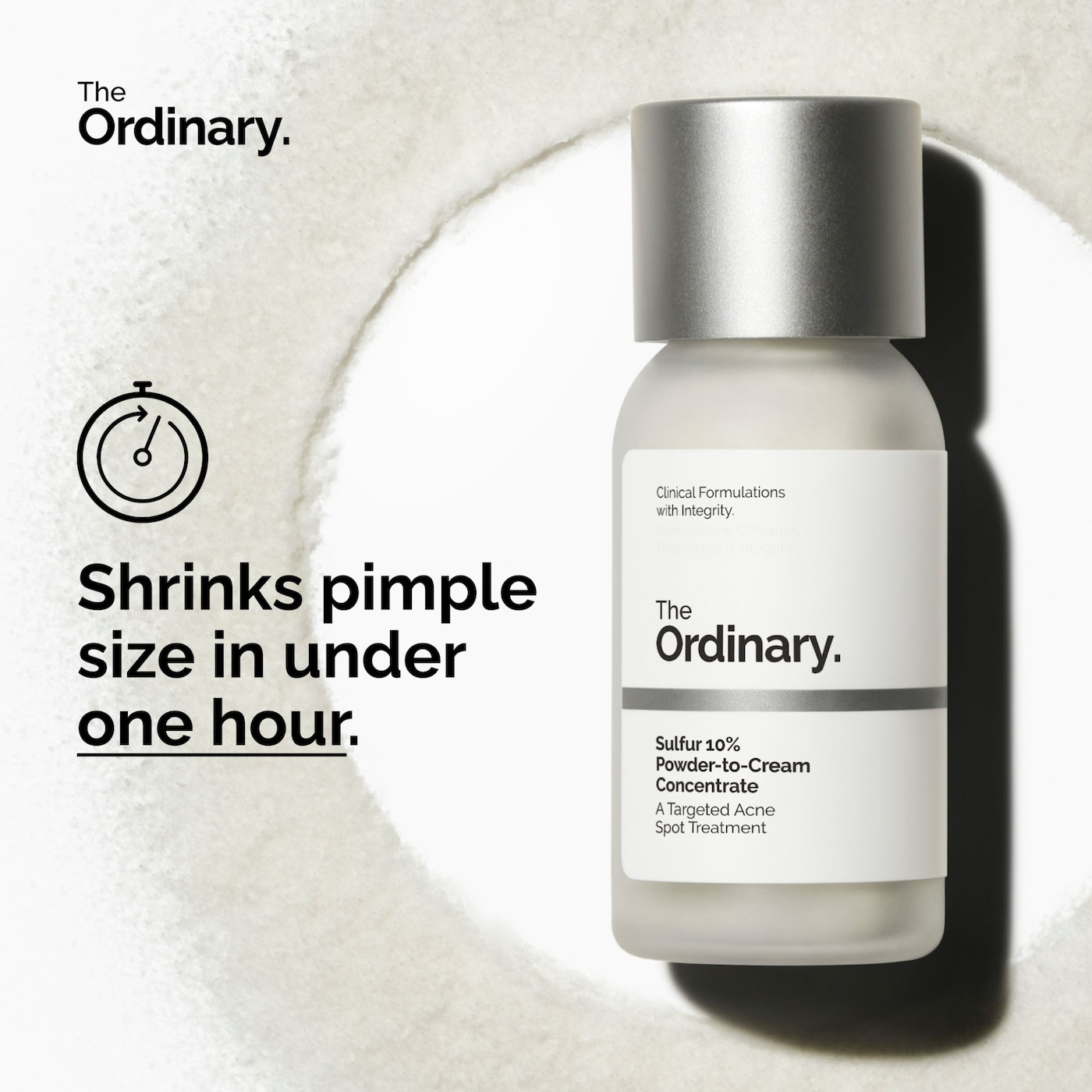 Bottle of The Ordinary Sulfur 10% Powder to Cream Concentrate with claim shrinks pimple size in under one hour.