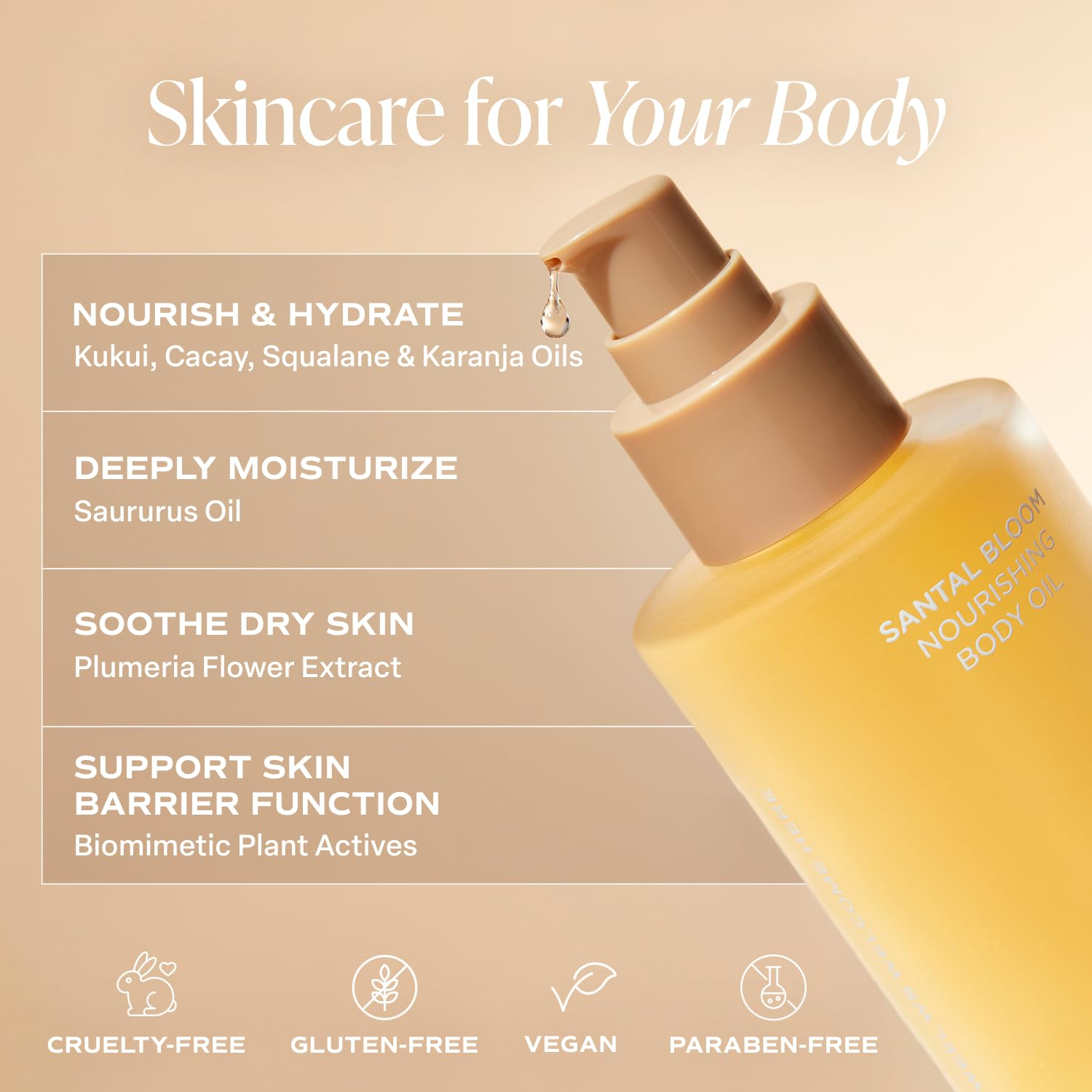Saltair Santal Bloom Nourishing Body Oil bottle with flowers showing benefits for hydration, nourishment, and glow.