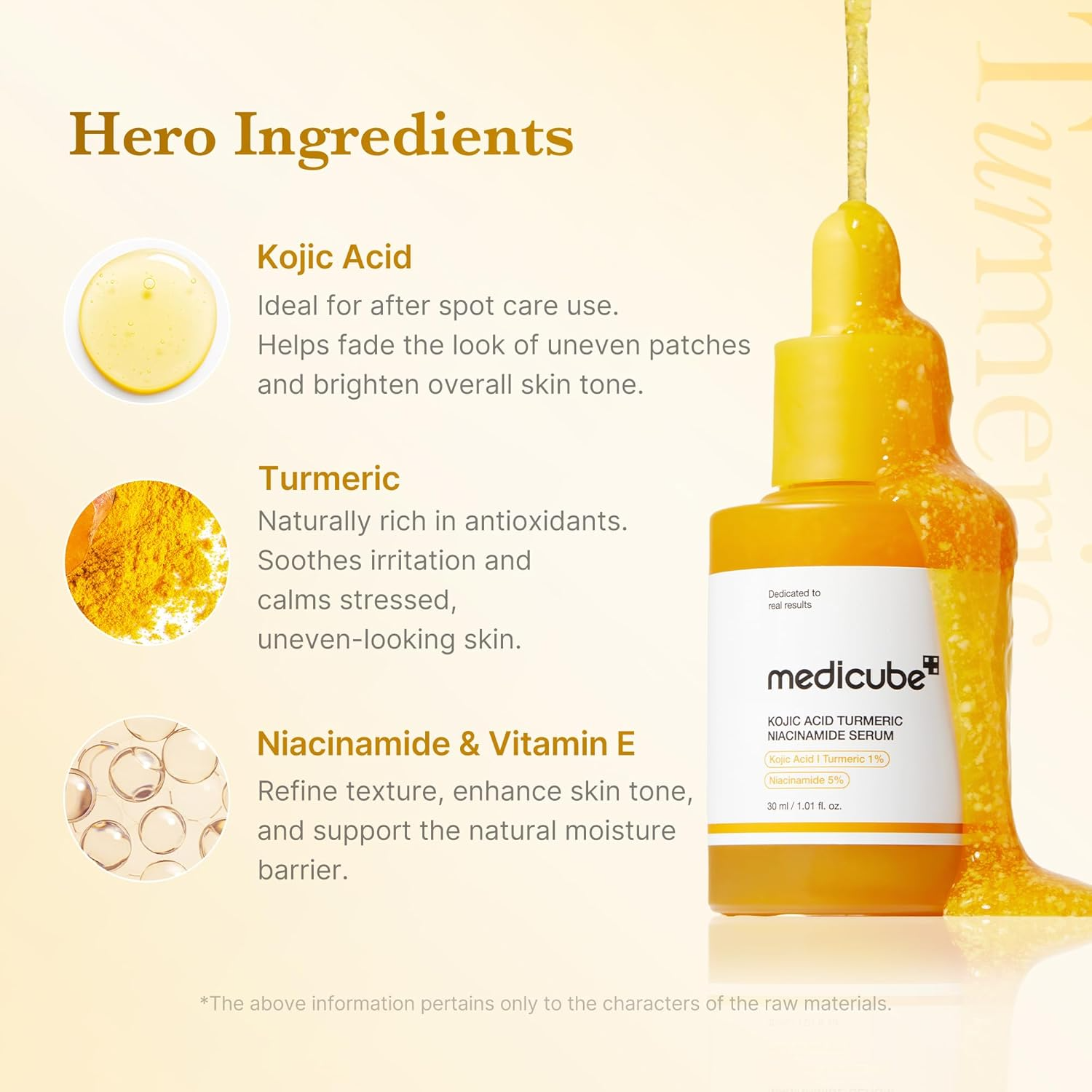 Medicube Kojic Acid Turmeric Serum highlight showing kojic acid, turmeric and antioxidant rich ingredients