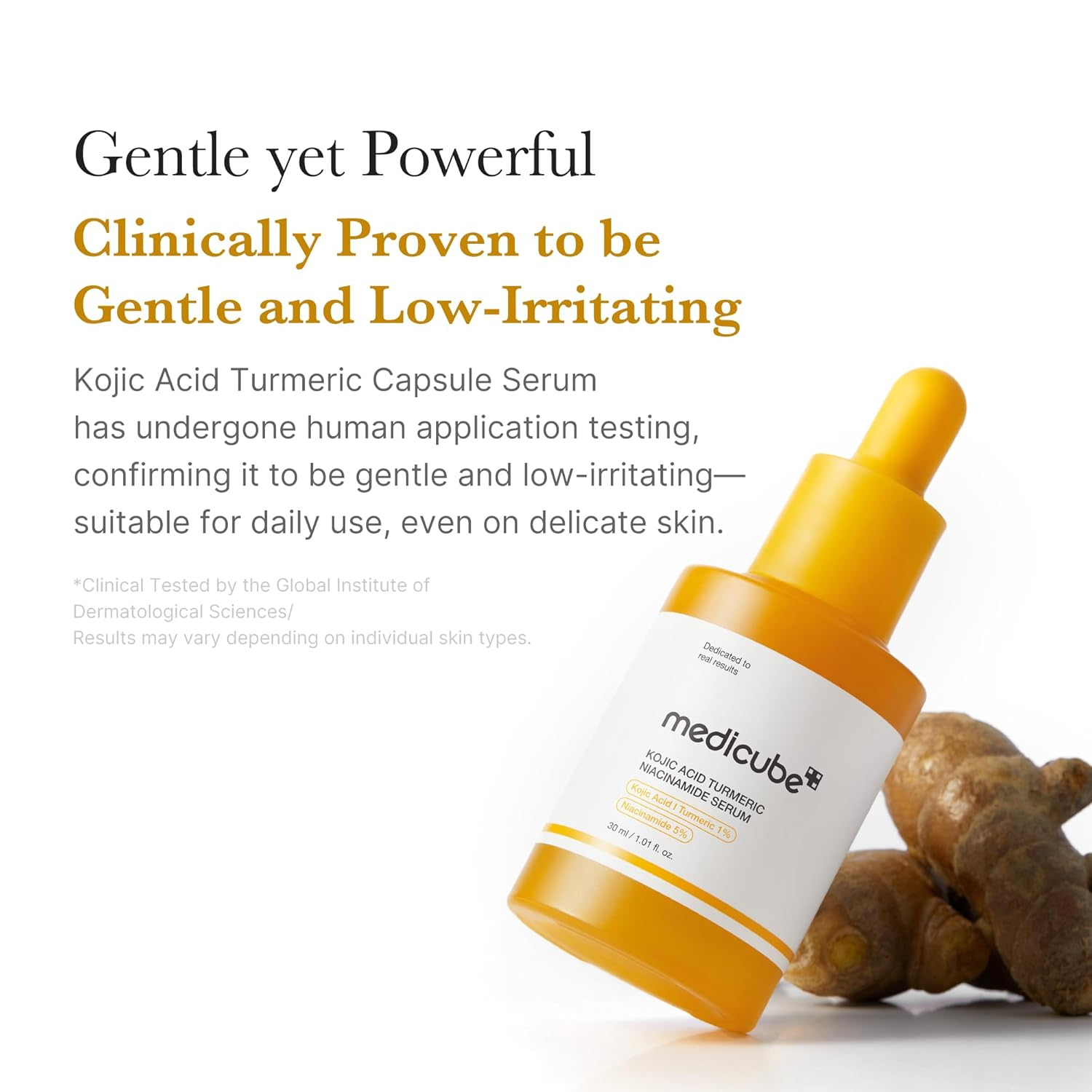 Medicube Kojic Acid Turmeric Niacinamide Serum displayed with text highlighting gentle, low irritating formula