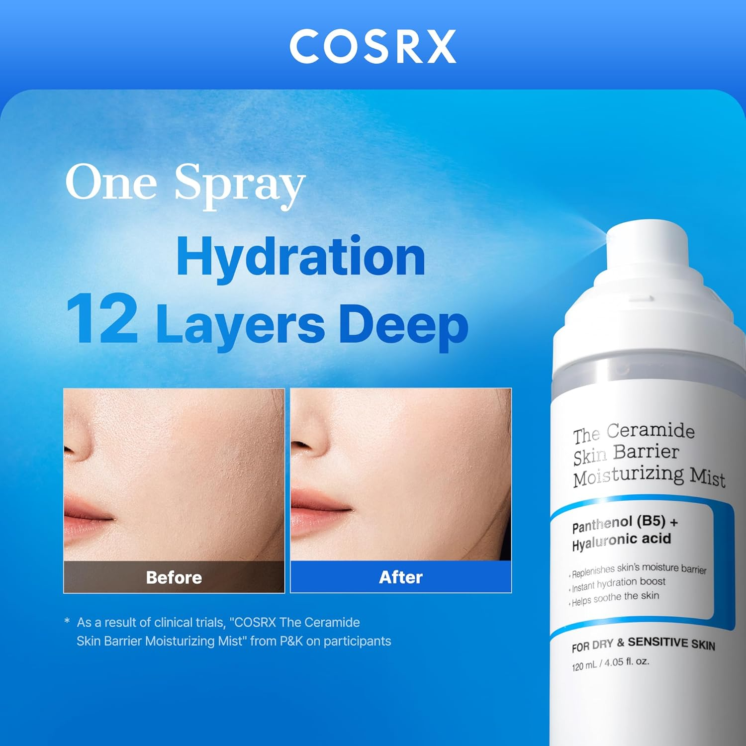COSRX The Ceramide Skin Barrier Moisturizing Mist lifestyle image showing face and body application with even mist coverage