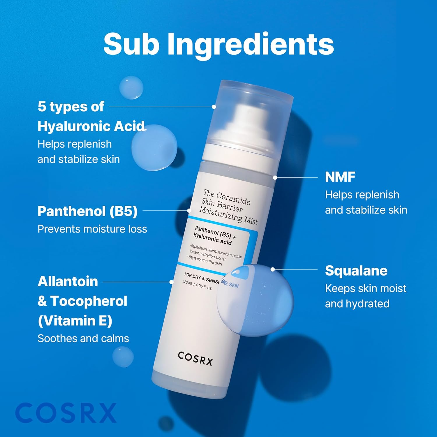 COSRX The Ceramide Skin Barrier Moisturizing Mist benefits graphic showing barrier strengthening, hydration and soothing claims