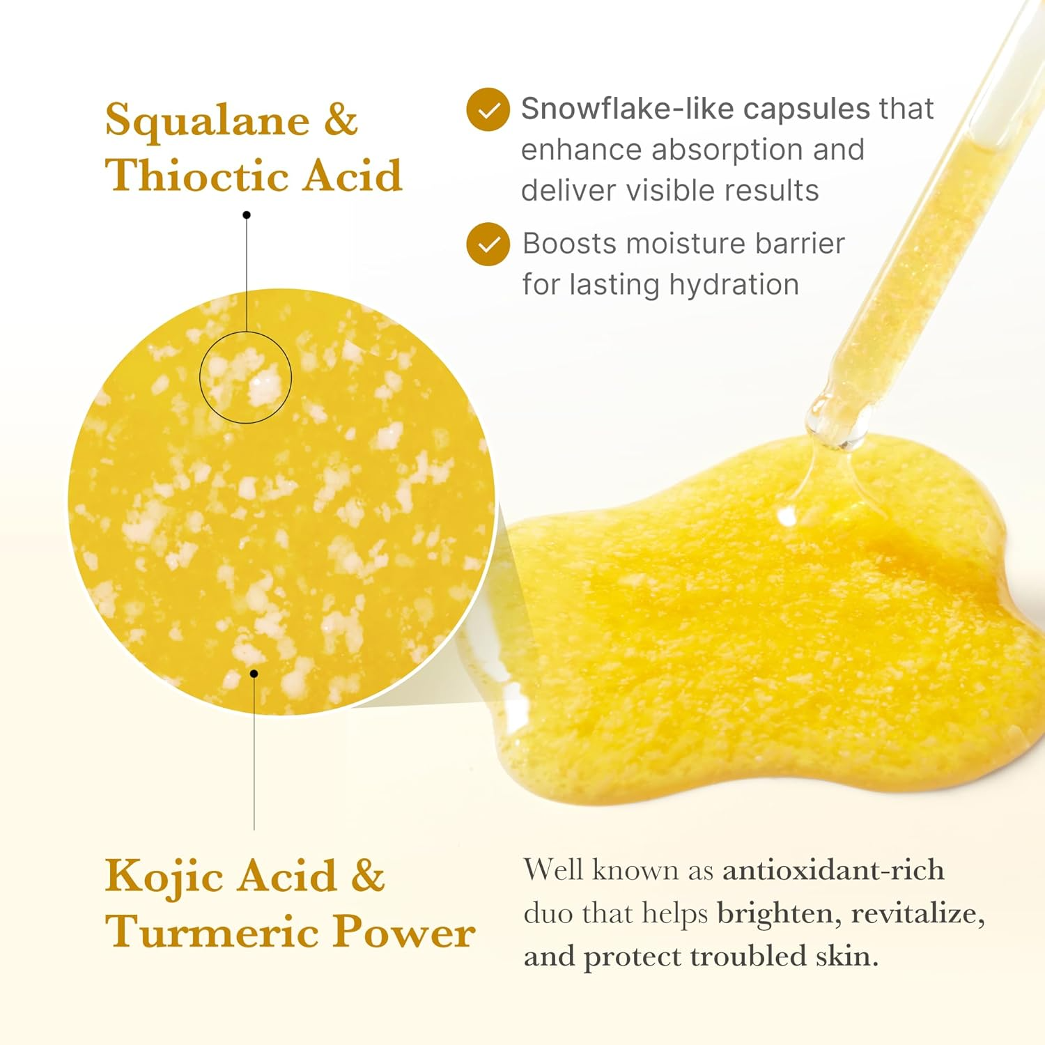 Close up of Medicube Kojic Acid Turmeric Serum texture showing capsule infused formula with turmeric tone