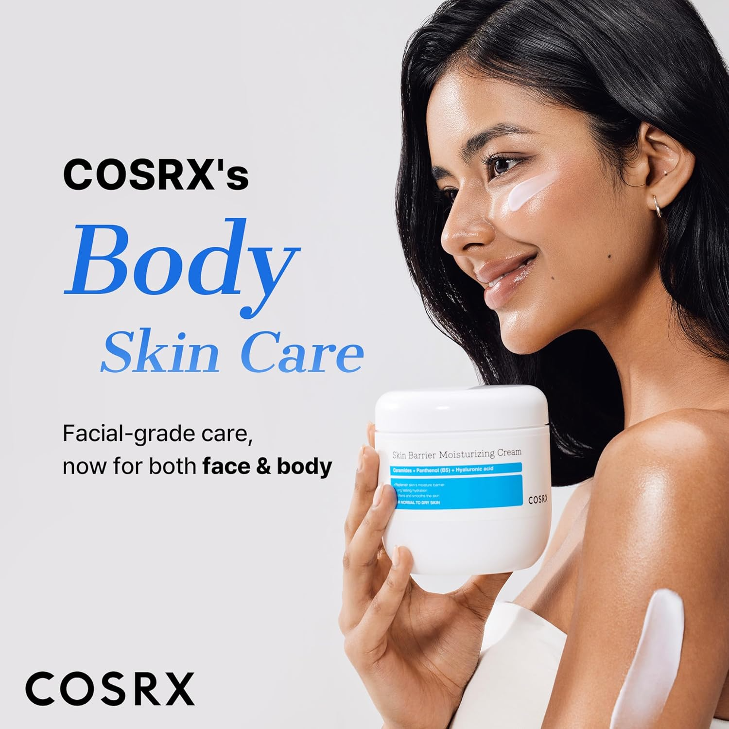 COSRX Skin Barrier Moisturizing Cream lifestyle image showing face and body use