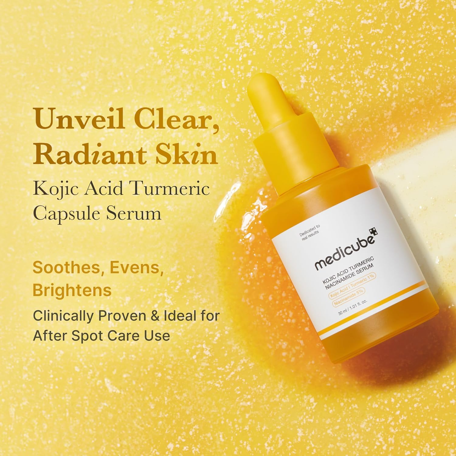 Medicube Kojic Acid Turmeric Niacinamide Serum displayed with text highlighting gentle, low irritating formula