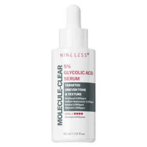 Nine Less Molecule-Clear 5% Glycolic Acid Serum bottle showing intensive exfoliation for uneven tone and texture