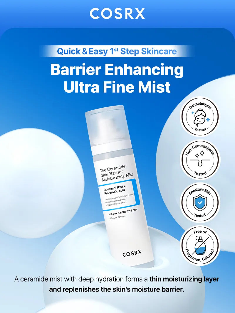 COSRX The Ceramide Skin Barrier Moisturizing Mist texture and fine spray mist showing lightweight hydration