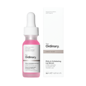 The Ordinary PHA 5% Exfoliating Lip Serum bottle standing next to its white product box on a clean background.