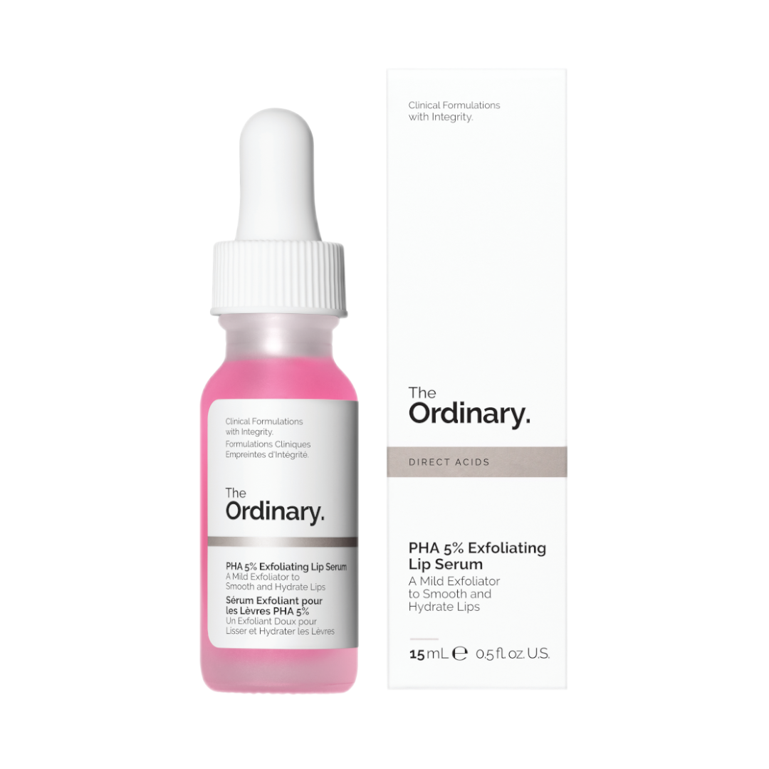 The Ordinary PHA 5% Exfoliating Lip Serum bottle standing next to its white product box on a clean background.