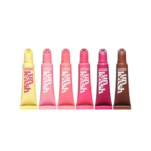 Unleashia Gloss Balm full shade range lineup featuring six gloss balm tubes on a white background
