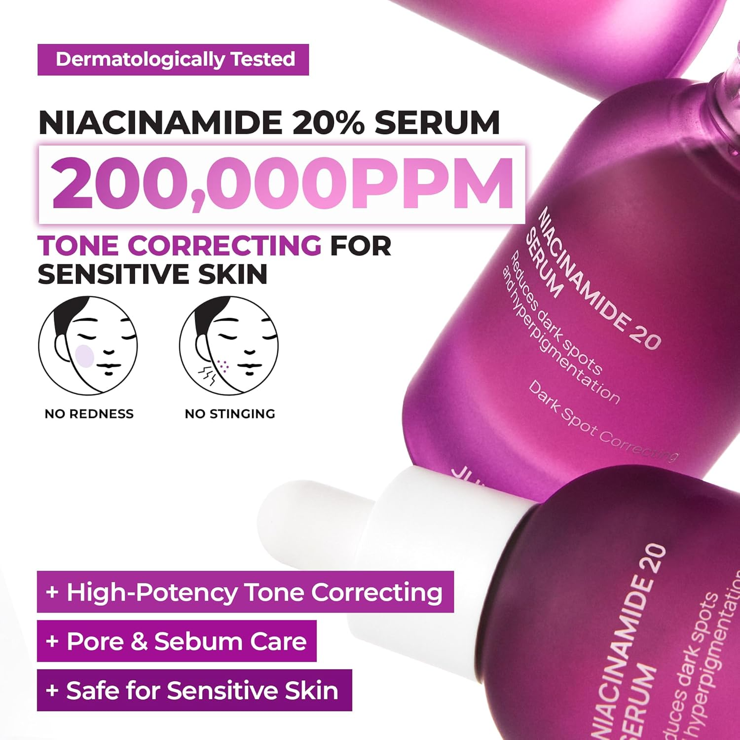 Jumiso Niacinamide 20 Serum 200,000 ppm graphic highlighting niacinamide 20% for sensitive skin, tone correcting, and pore care