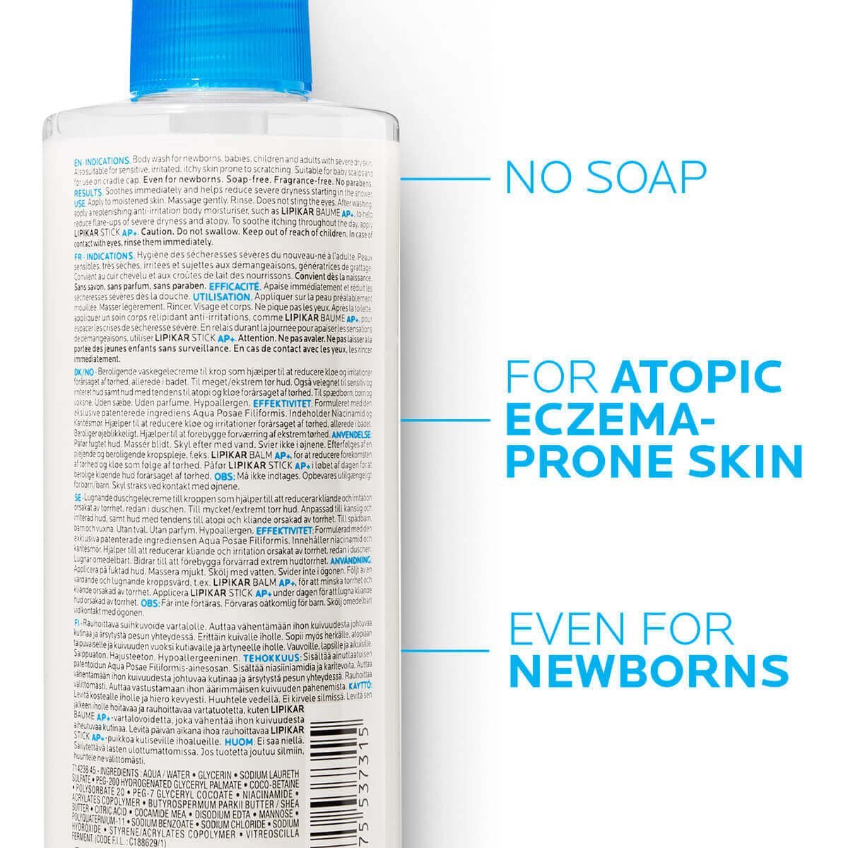 La Roche-Posay Lipikar Syndet AP+ back label showing no soap formula for atopic eczema prone skin safe even for newborns with Niacinamide and Shea Butter