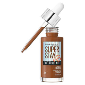 Maybelline SuperStay 24H Skin Tint Foundation with Vitamin C shade 45 open bottle with dropper applicator showing rich medium deep coverage serum foundation available at Dreamskinhaven Kenya