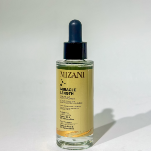 Mizani Miracle Length Hairline and Root Stimulator dropper serum with Castor Oil and 5% Stemoxydine in glass bottle with navy dropper top for fuller looking hair in 3 months
