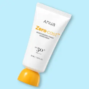 Anua Zero-Cast Moisturizing Finish Sunscreen SPF 50+ PA++++ 50ml tube on blue background – no white cast Korean sunscreen available in Kenya at Dreamskinhaven