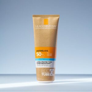 La Roche-Posay Anthelios SPF 50+ PA++++ Hydrating Lotion 250ml eco conscious kraft tube ultra protection ultra resistant water and sweat resistant for sensitive dry skin available at Dreamskinhaven