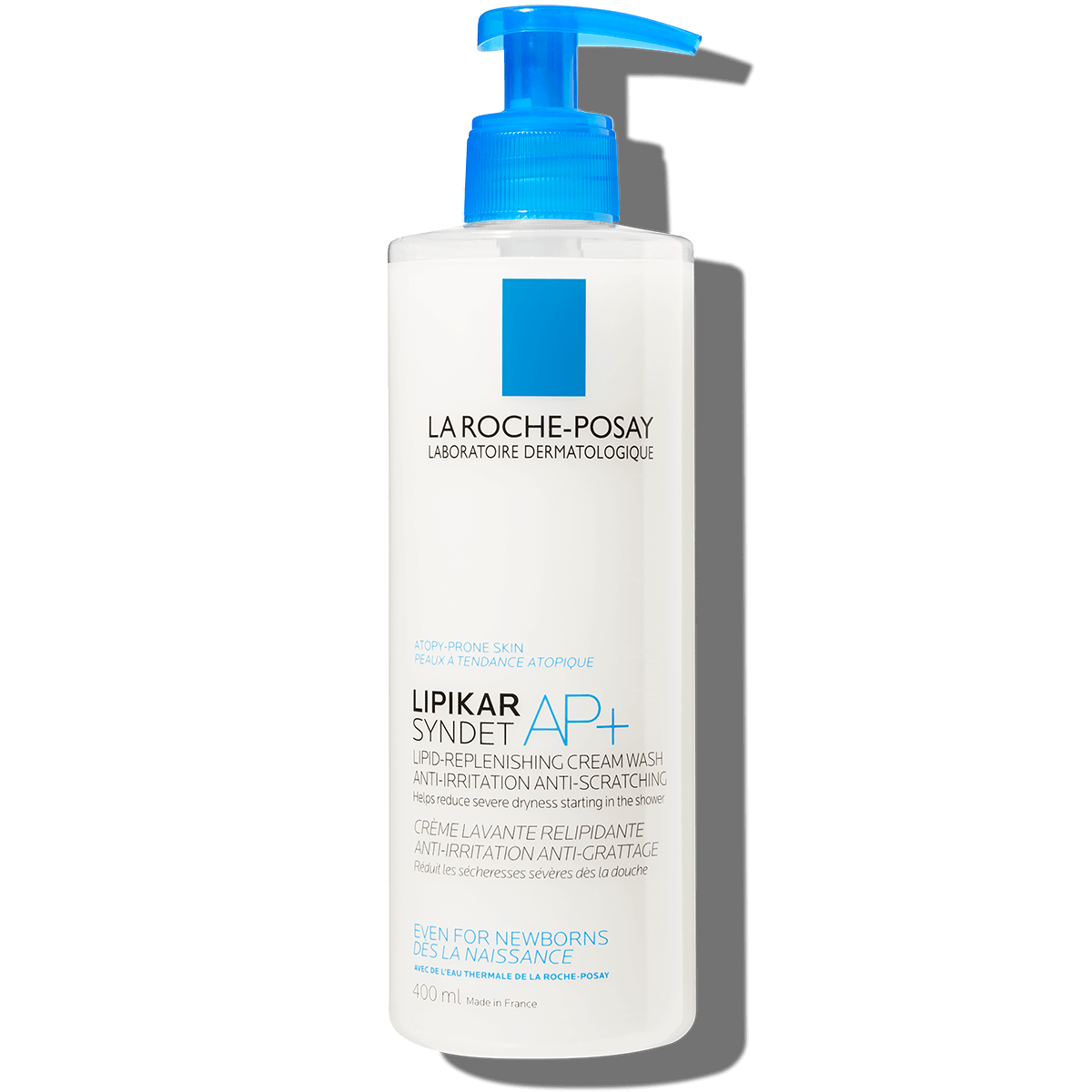 La Roche-Posay Lipikar Syndet AP+ Lipid Replenishing Cream Wash 400ml pump bottle for atopy and eczema prone skin soap free and fragrance free available at Dreamskinhaven