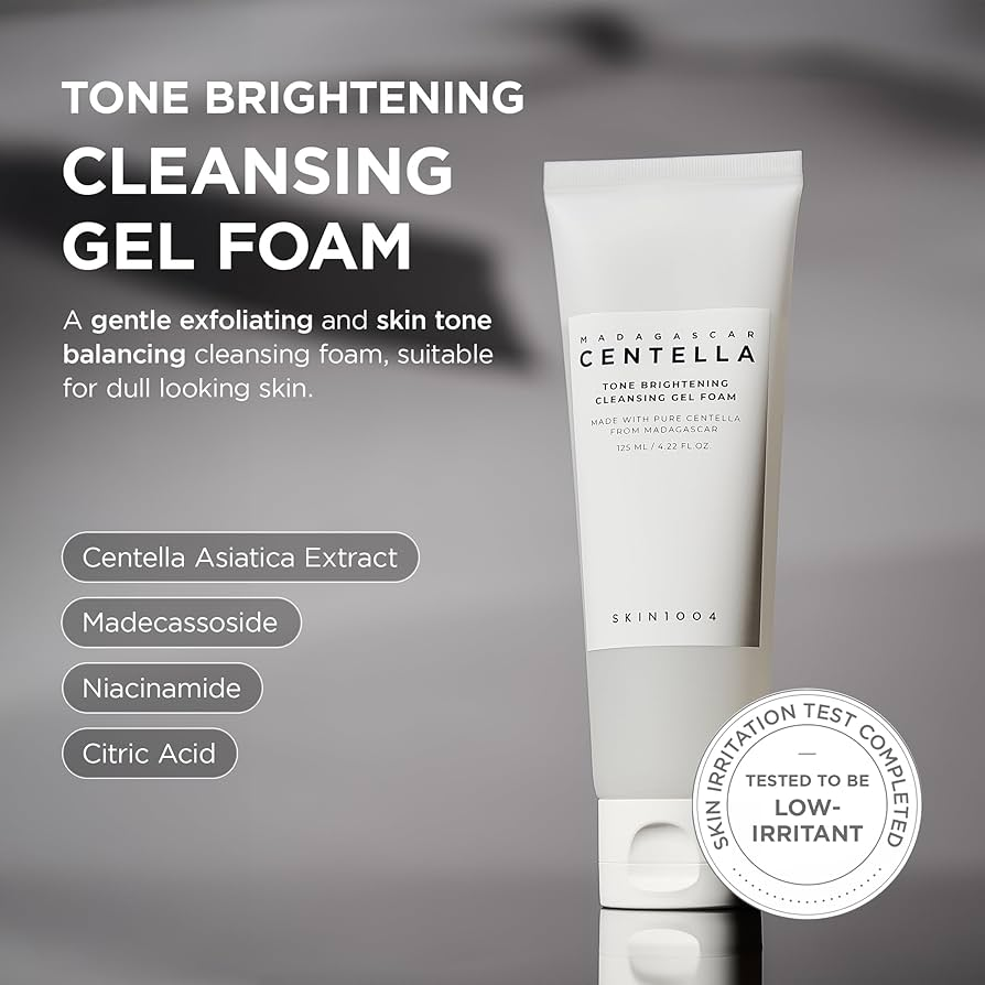 SKIN1004 Madagascar Centella Tone Brightening Cleansing Gel Foam key ingredients Centella Asiatica Madecassoside Niacinamide and Citric Acid gentle exfoliating brightening cleanser skin irritation tested low irritant