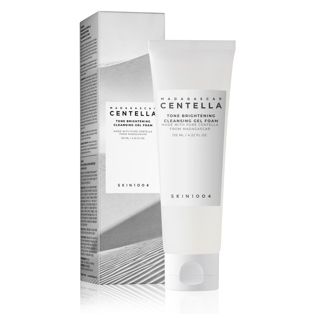 SKIN1004 Madagascar Centella Tone Brightening Cleansing Gel Foam 125ml tube and box with Niacinamide Madecassoside and Centella Asiatica Extract available at Dreamskinhaven