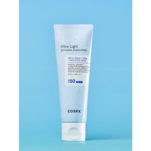 COSRX Ultra-Light Invisible Sunscreen SPF 50 PA++++ 50ml with Witch Hazel Aloe and Hyaluronic Acid no white cast fungal acne safe Korean sunscreen available at Dreamskinhaven