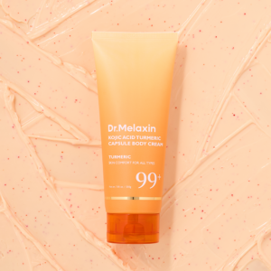 Dr.Melaxin Kojic Acid Turmeric Capsule Body Cream 200g tube on cream background