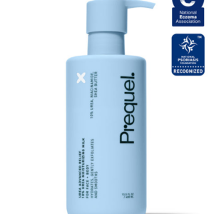 Prequel Urea Advanced Relief Moisturizing Milk 400ml with National Eczema Association and Psoriasis Foundation badges