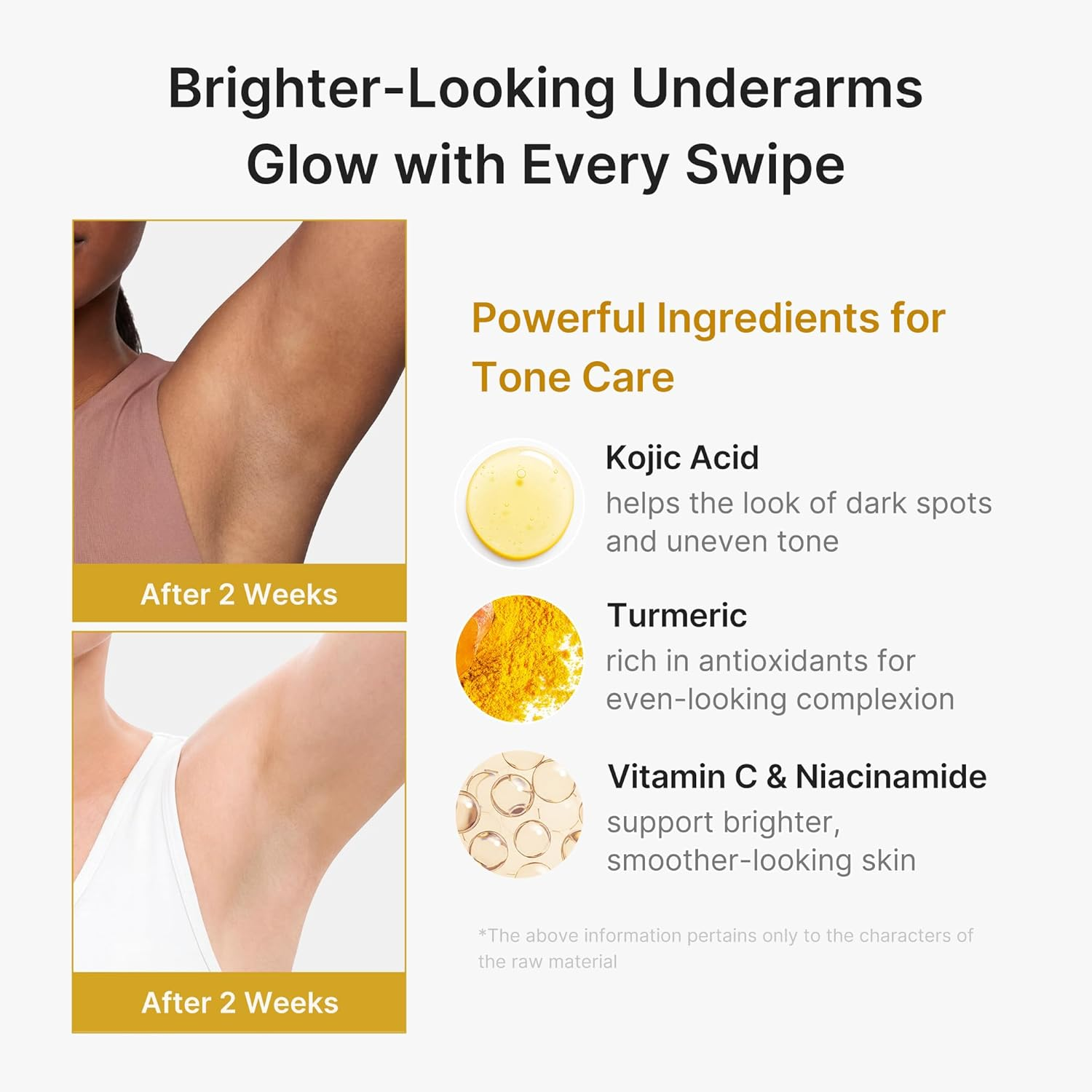 Before and after underarm brightening results after two weeks using Medicube Kojic Acid Turmeric Deodorant