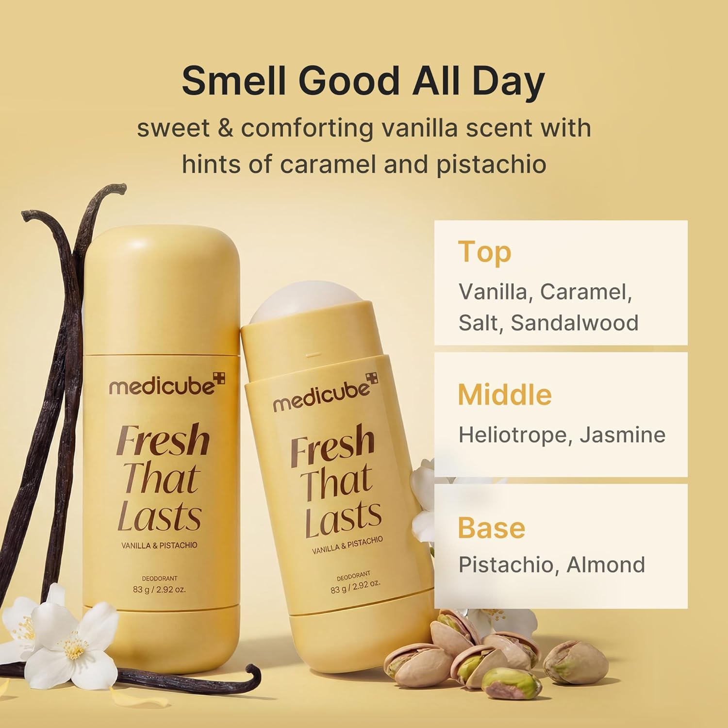 Medicube Fresh That Lasts vanilla and pistachio fragrance notes graphic with top middle and base notes