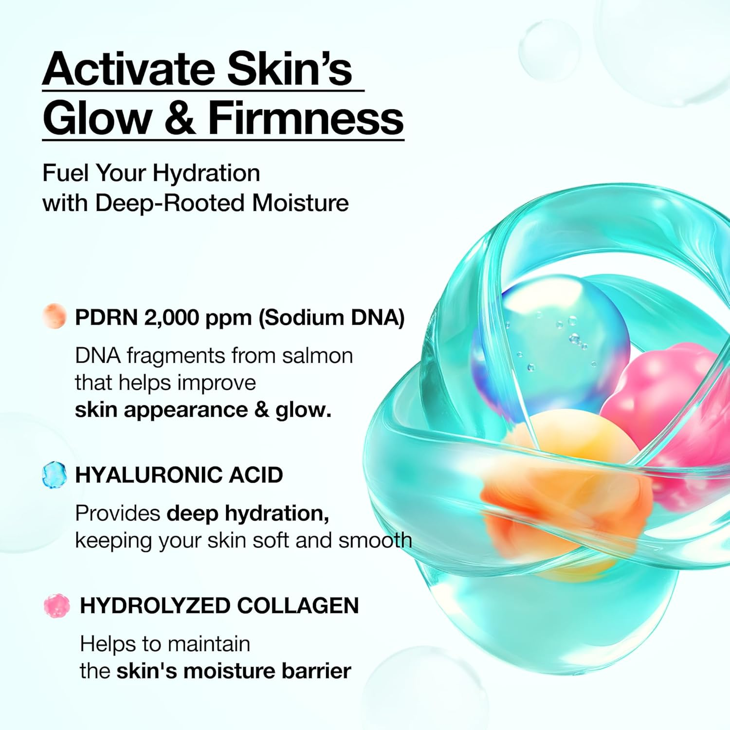 Ingredient graphic for Anua PDRN Capsule Mist showing PDRN, hyaluronic acid and hydrolyzed collagen