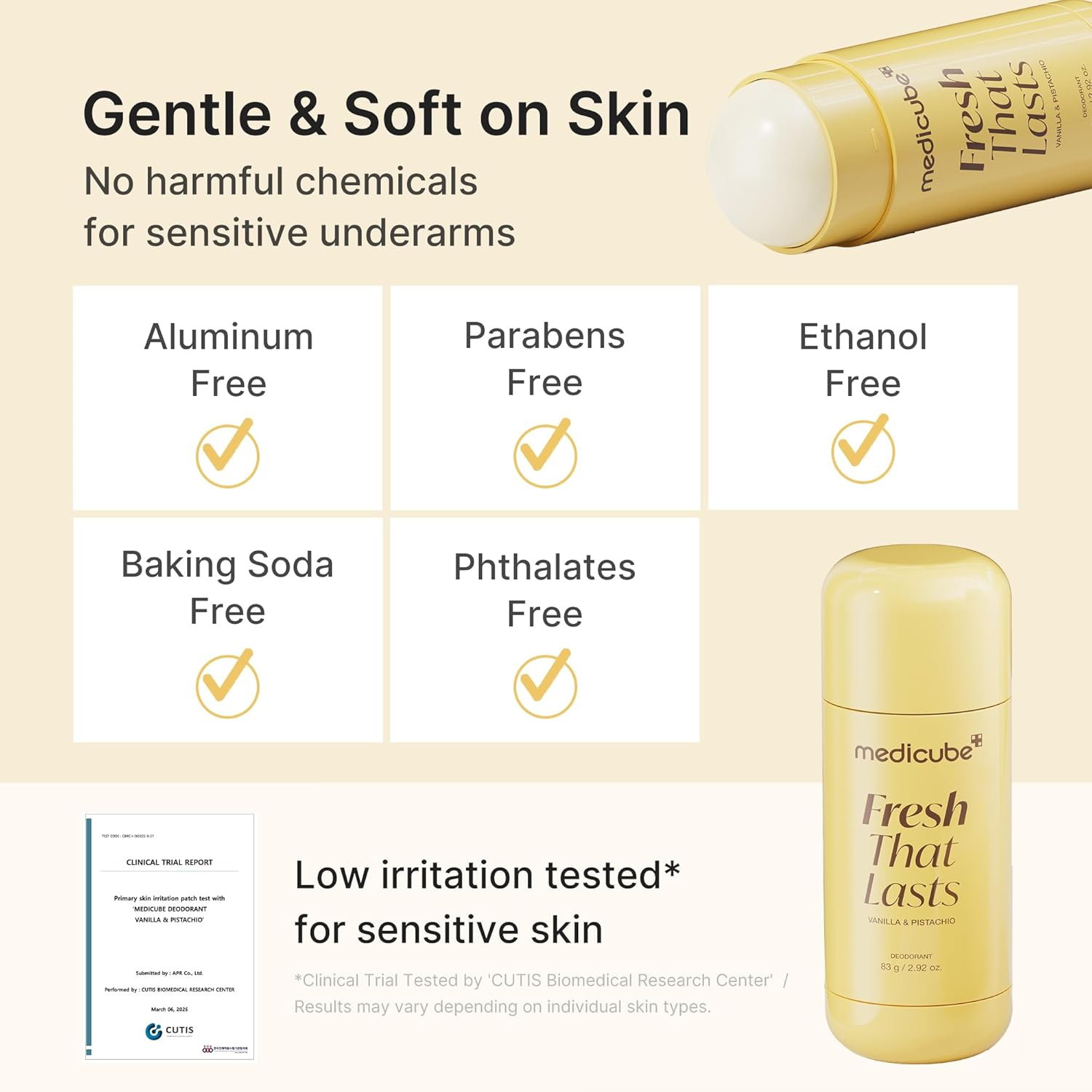 Medicube aluminum free paraben free ethanol free deodorant formula claims graphic with clinical trial badge