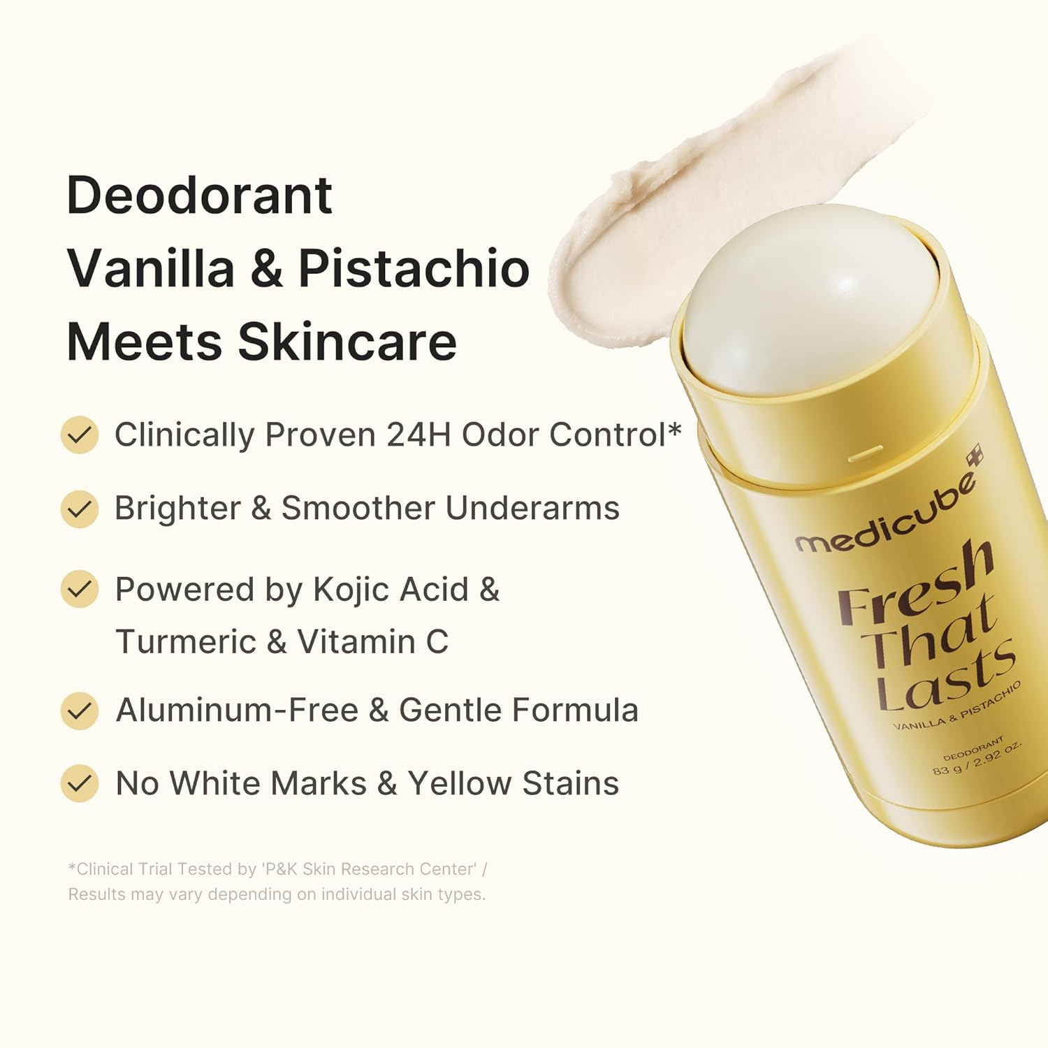 Medicube Kojic Acid Turmeric Deodorant skincare benefits graphic with 24H odour control callouts