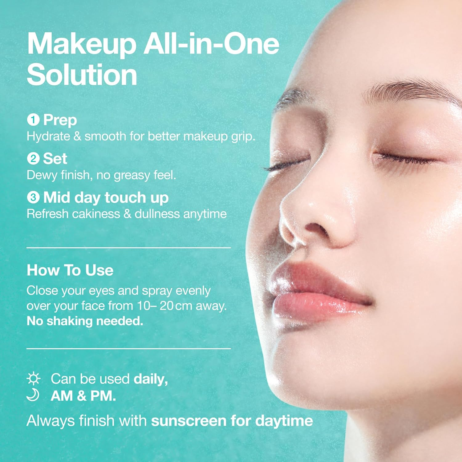 Model with closed eyes demonstrating how to spray Anua PDRN Capsule Mist for prep, set and touch up