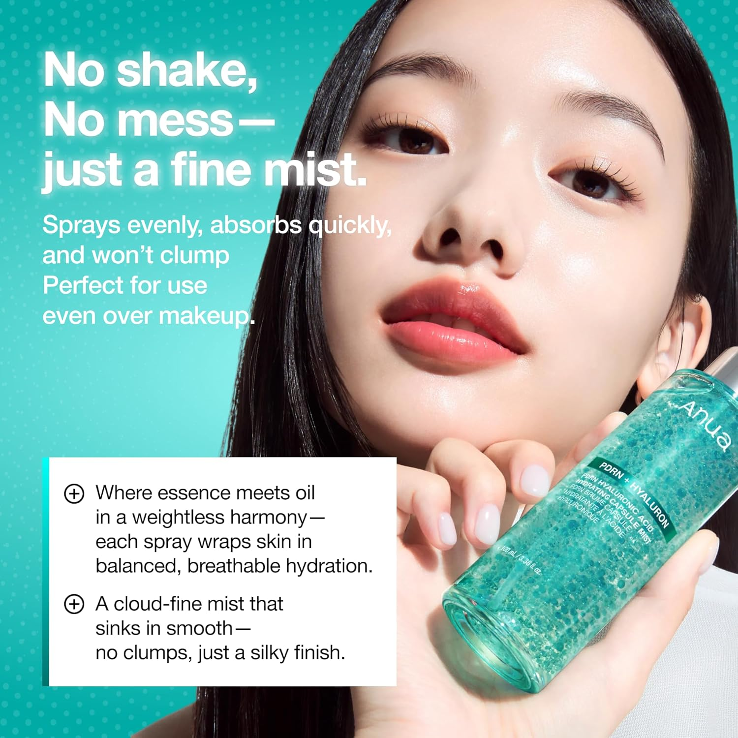 Model holding Anua PDRN Capsule Mist bottle near face showing fine, no clump spray texture
