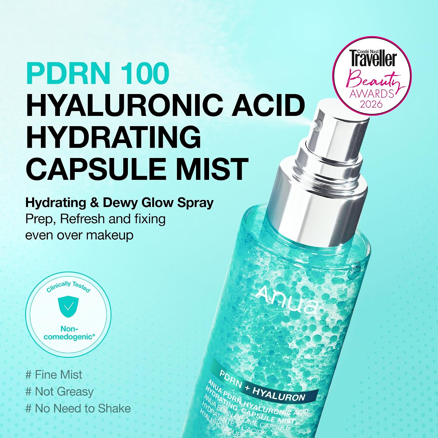 Anua PDRN Hyaluronic Acid Hydrating Capsule Mist bottle with clinically tested and non comedogenic badges